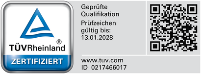 TÜV Rheinland zertifiziert — Geprüfte Qualifikation, gültig bis 13.01.2028, ID 0217466017